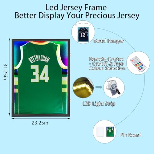 Image of IHEIPYE LED Jersey Frame Display Case - Shadow Box with LED Light - Black Lock, UV Resistant Acrylic Wall Mount Display Case for Football, Baseball, Basketball Jersey with Light