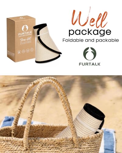Image of FURTALK Womens Sun Hat with Ponytail Hole Wide Brim Beach Straw Visor | Foldable & Packable for Beach Vacations, Adjustable Fit for Messy Buns, Detachable Windproof Strap, Sweat-Wicking Inner Band