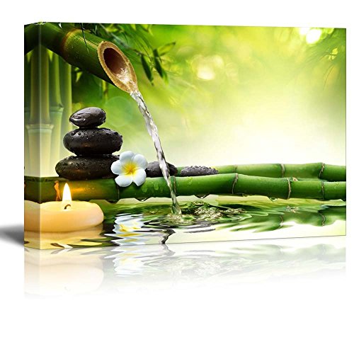 wall26 - Rocks and Flowers Over Bamboo Branches on a Lake with a Waterfall - Canvas Art Home Art - 12x18 inches