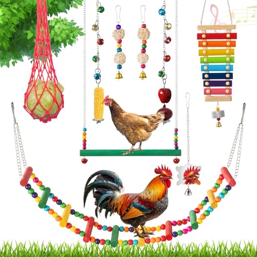 Image of Complete Chicken Toys Set of 9 - All-in-One Chicken Coop Accessories with Xylophone, Swing, Chicken Mirror, Ladder, Vegetable String Bag & Hanging Feeder Coop Toy for Happy Hens