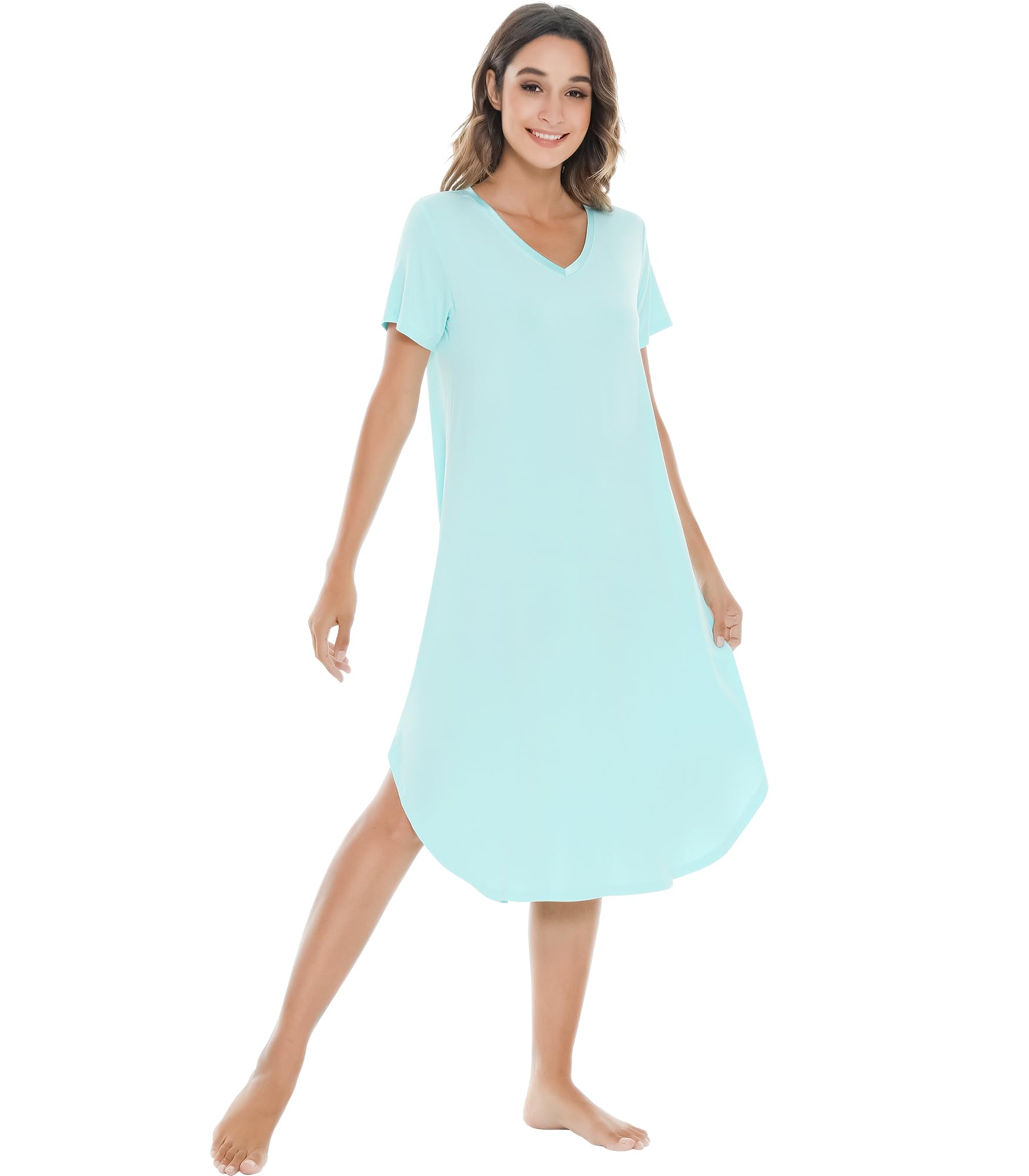 NACHILA Bamboo Viscose Nightgowns for Women Cooling Short Sleeve Sleepshirt | Soft V Neck Night Gowns, Moisture-Wicking Sleepwear for Hot Flashes &amp; Night Sweats, Ladies Nightshirts for Sleep, Home, Gift