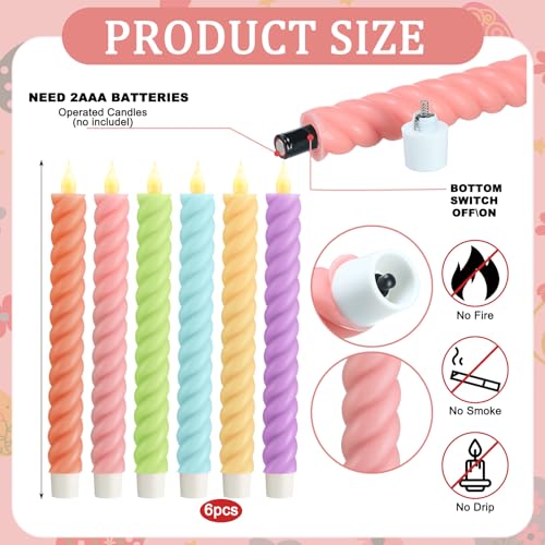 Image of Baquler 6 Pcs Flameless Taper Candle Pastel Twisted LED Taper Spiral Candlestick 9.65 Inch Colorful Battery Operated Candles Centerpieces for Spring Tea Party Wedding Birthday Easter Home Decor