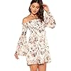 Romwe-Womens-Casual-Floral-Print-Off-Shoulder-Trumpet-Sleeve-Swing-Dress ROMWE Women's Casual Floral Print Off Shoulder Trumpet Sleeve Swing Dress M White