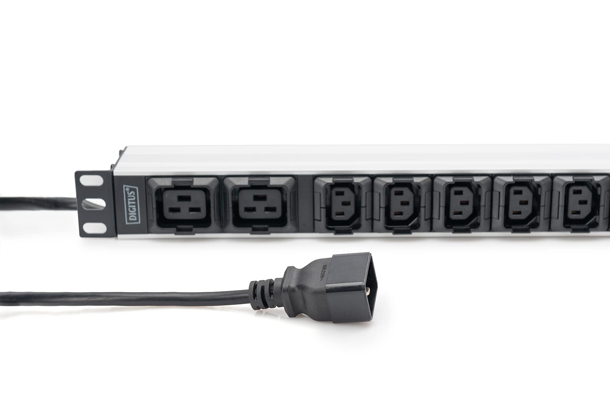 DIGITUS Regleta de 19" - 10 tomas - 8x C13 & 2x C19 - Enchufe C20 -1HE - 250VAC - 50/60Hz - 10A | Protección extraíble – 1U – 16 A – para armarios de red y servidores de 19 pulgadas