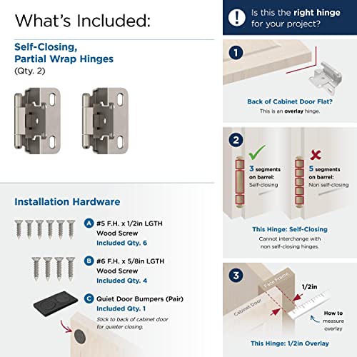 Image of Amerock 1 Pair 1 /2 inch Overlay Satin Nickel Partial Wrap Cabinet Hinge | Self-Closing Steel Cabinet Hinge for Kitchen and Bathroom Cabinet Doors with a 1 /2 inch (13 mm) Overlay, Partial Wrap
