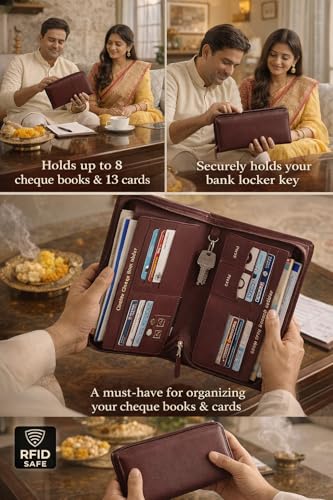 Image of Sukeshcraft Multiple Cheque Book Holder | Original PU Holds Upto 8 Cheque Books,with Matching Zipper (PU -Redwine)