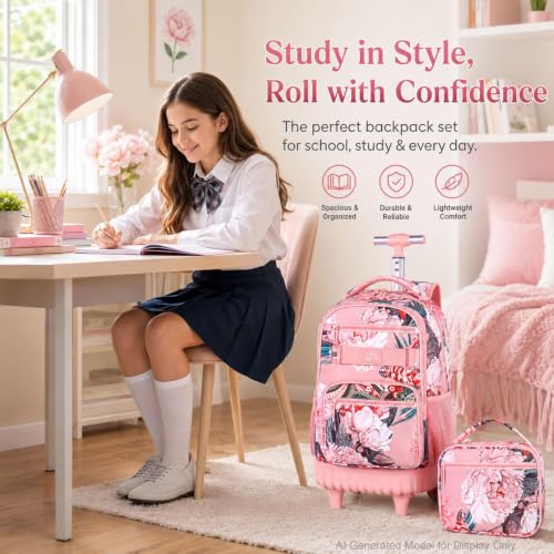 Image of 3Pcs Rolling Backpack for Girls Women, Travel Roller Backpacks with Wheels for Adults, Teens College Folwer Wheeled Bookbag with Lunch Box(Pink)