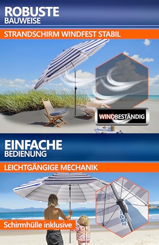 4smile Strandschirm SunnyJoy, Ø 180 cm Blau-Weiß - UPF 50+ Sonnenschirm Strand mit Hülle, Sonnenschirm Balkon - Strandschirm windfest stabil, platzsparender Balkon Schirm als Ersatz für Kurbelschirm 5