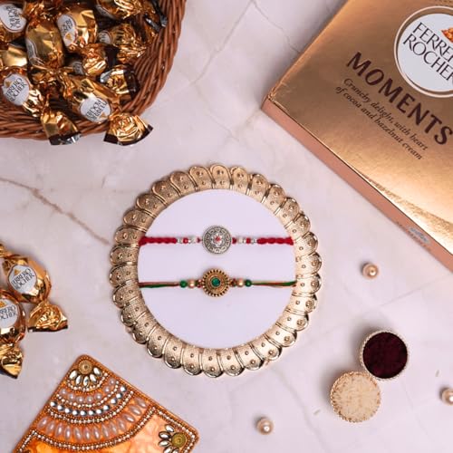 Image of Gifticon Rakhi for Brother with Chocolate Combo Gift Set - Designer Rakshabandhan set for Brother Bhaiya with Ferrero Moments Chocolates Pack - Rakhi Set of 2 | IB-2R-Mom-GreenPendalSilverPendal