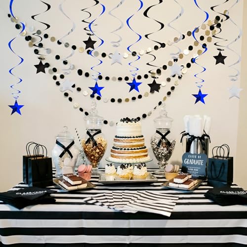 Image of BEISHIDA Blue Black Silver Stars Hanging Swirls Graduation Hanging Ornament Decorations for Birthday Party Retirement Congrats Grade 2026 Graduation Decorations,Pack of 15