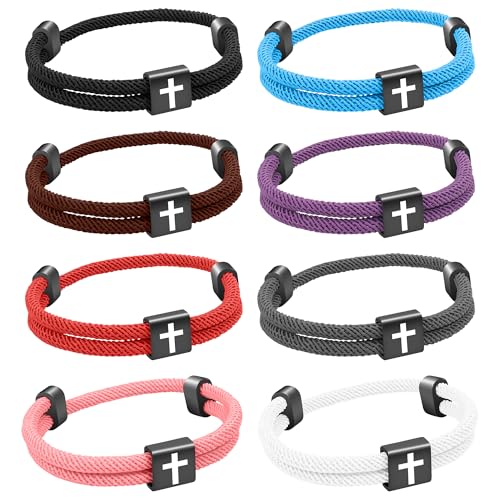 8PCS Christian Jesus Cross Rope Bracelet, Braided Cord Bracelet for Men Women, Nautical Surf Beach Bracelets Gifts Set for Sports, Handmade Woven String Bracelets with Adjustable Knot
