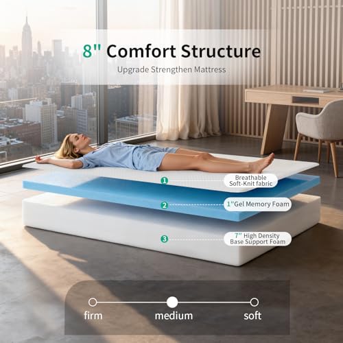 Image of FDW 8 Inch Twin Mattress, Medium Firm Gel Memory Foam, Cooling Ventilated Foam, Pressure Relief, White, Removable Washable Cover, Bed in a Box, CertiPUR‑US Certified