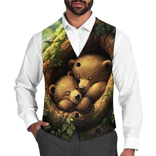 Bear Wildlife Animal Men's Suit Vest Slim Fit Business Dress Party Pattern Waistcoat Vest Top