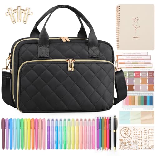 BellaHold All-in-One Bible Journaling Kit Quilted Bible Cover Case for Women 31 Highlighters 75 Tabs Bible Study Supplies & Christian Gift for Women and Teens (Shoulder Strap Black)