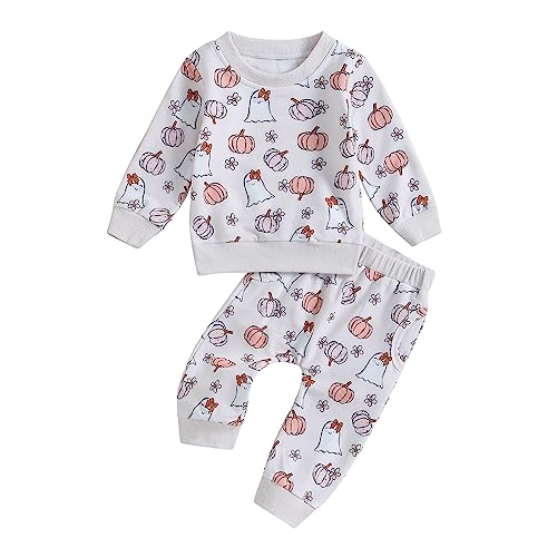 Dcohmch Baby Girl Halloween Outfit Long Sleeve Pumpkin Floral Sweatshirt Pants Set Newborn Infant Baby Fall Clothes