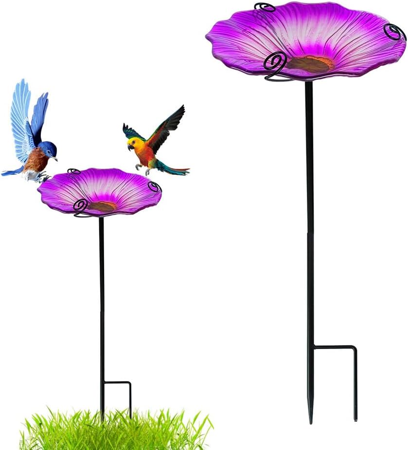 Surakey Bird Feeder Flower Bird Food Container Lawn Flower Glass Bowl Bird Feeder Iron Bird Feeding Organizer Tool for Courtyard Lawn Yard Garden Park and Zoo Outdoor Decoration (Purple)
