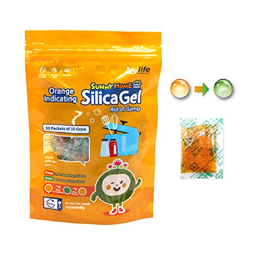 Sunny Home 10 Gram (30 Packs) Safe Orange Indicating (Orange to Dark Green) - Orange Only/No Mixed/Rechargeable Silica Gel Packets Dehumidifier/Desiccant Packets/Moisture Absorber
