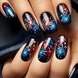 LPOODDNU Medium Square Press on Nails Colorful New Year Firework Fake Nails Glossy Blue Red Black Acrylic False Nails Kit Cute Glue on Nails Reusable Stick on Nails for Women Finger Manicure DIY