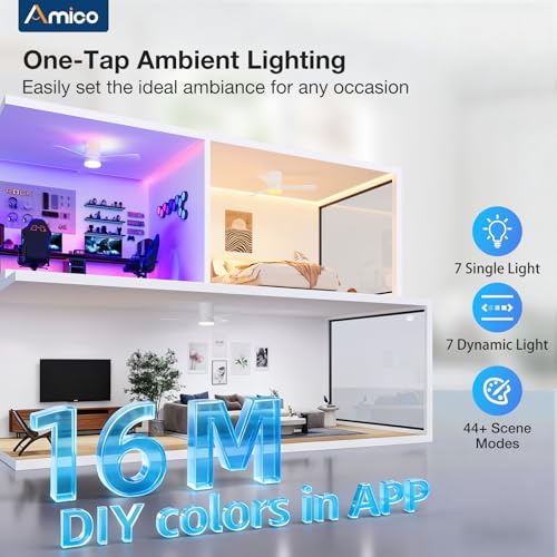 Image of Amico 42 Inch RGB Ceiling Fans with Lights, Low Profile, app /Remote, White