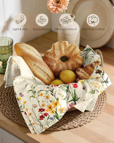 Image of Miss Adola 4PCS Flour Sack Towels - 18 inchx 26 inch Floursack Dish Towels with Hanging Loop Set of 4 Cotton Tea Towel Absorbent Decorative Dishcloth for Drying Home Decor Housewarming Gift, Cat in Flower