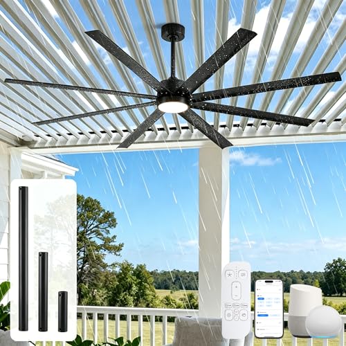 72 Inch Outdoor Smart Ceiling Fan with Lights, Waterproof All Weather Wet Rated, 8 Black Industrial...