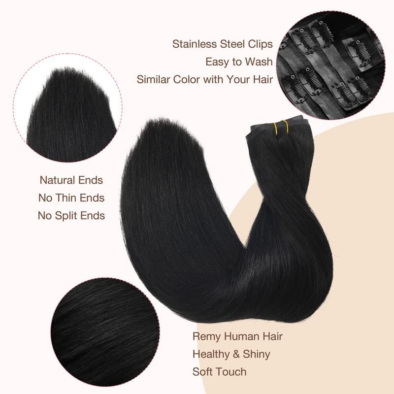 Image of GOO GOO Clip in Hair Extensions Real Human Hair, Remy Human Hair Extensions Clip ins for Women, Natural Human Hair, 20inch 110g 7Pcs, 1 Jet black