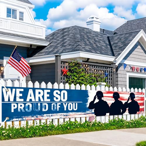 Image of BlissYard 4th of July Banner 118 x 20 Inch We Are So Proud of You Backdrop Patriotic Banner for Outside American Flag Military Banner for Yard Fence Porch Welcome Home Decorations
