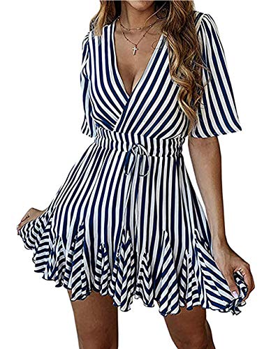 PRETTYGARDEN Women's Sexy Deep V Neck Short Sleeve Striped Wrap Ruffle Hem Pleated