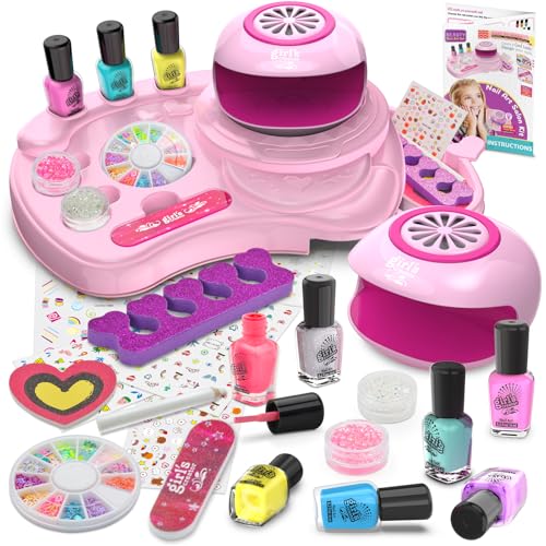 Amagoing Nail Polish Set for Girls Ages 7-12, Kids Nail Art Studio Kit, Non Toxic Quick Dry Nail Polish, Nail Dryer, Storage Desk, Glitter, Cool Girls Stuff, Birthday Gifts Ideas 8 9 10 11 Years Old