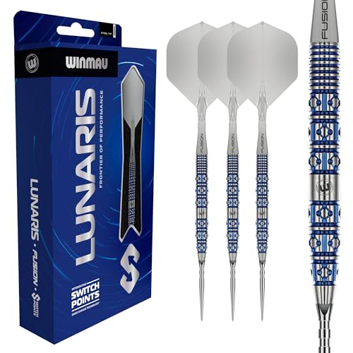 Winmau Darts – Lunaris 90% Tungsten Darts Set | Fusion Clear Short Shaft | Groove & Smooth Switch Point | Parallel 23 g/25 g, Tapered 22 g/24 g Blue & Silver Barrels | Rapid-Change System