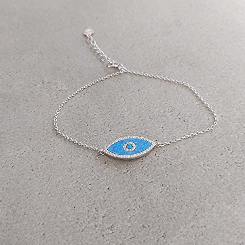Custom Blue Opal Evil Eye Bracelet - 925 Sterling Silver Evil Eye Bracelet with CZ Stones, Protection Arm Band for Women, 7 + 1 Inch Extension - Image 4