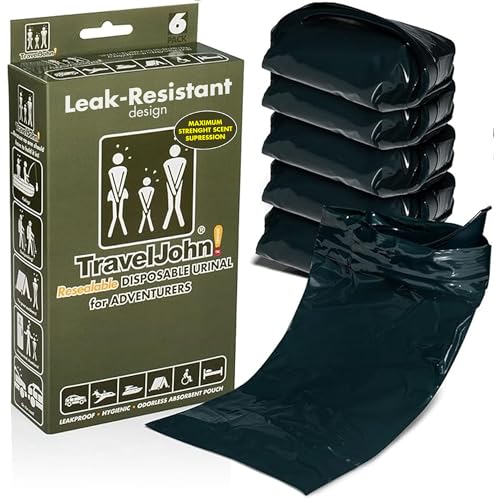 TravelJohn Adventurer Resealable Disposable Urinal Leak-Proof Hygienic & Odorless for All Genders & Ages Disposable Urine Bags for Travel Emergency Camping & Car Road Trips 6 Pack (TJ1CC)