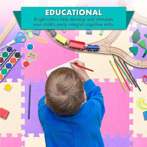 Image of ProSource Baby Play Mat, Soft Foam Floor Tiles for Kids, Interlocking EVA Panels for Playpen Use, Crawling Development Surface, Safe Non-Toxic Toddler Flooring, 16 Tiles, Pink /Purple /Beige
