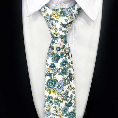 Image of Cotton Floral Ties for Men 2.76 inch Men's Skinny Tie Linen Flower Printed Neck Tie for Wedding Dating Party