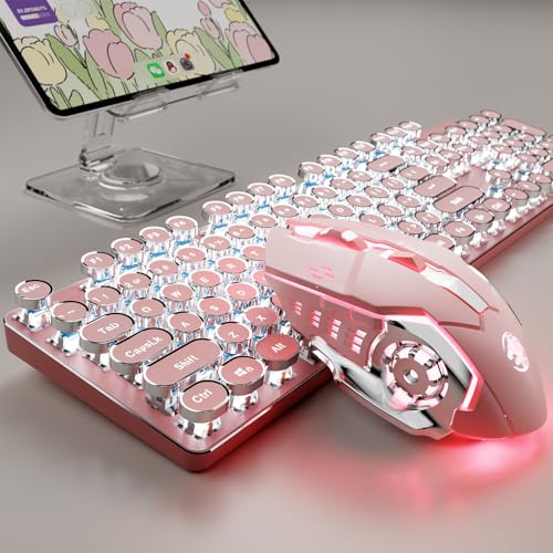 Image of TK950 Wireless Typewriter Keyboard and Mouse Combo, 104 Keys Retro Typewriter Mechanical Keyboard with White Backlit, Anti-Ghosting, Blue Switch, Bluetooth /2.4G /Wired Cute Gaming Keyboards-Pink