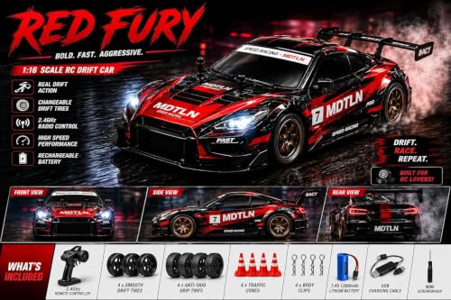 Image of 1:16 RC Drift Car with 2.4GHz Remote Control | High Speed Racing with Drift Tires | Rechargeable Remote Control Sports | Indoor & Outdoor RC Toy for Racing Enthusiasts