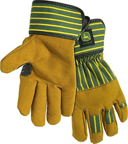 John Deere JD00024-Y Youth Split Cowhide Leather Palm Gloves Abrasion Resistant Yellow/Green Youth-Small