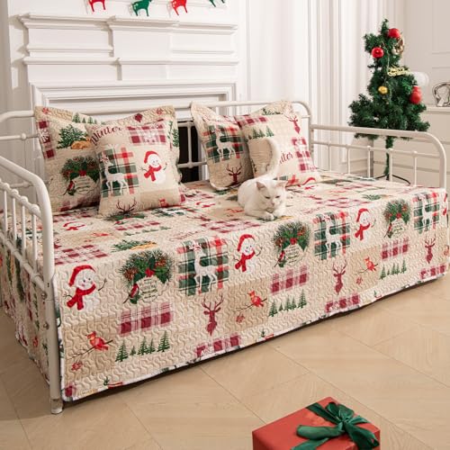 5-Piece Christmas Daybed Cover Set Twin Cozy Xmas Snowflake Reindeer Daybed Bedding Sets New Year Day Bed Comforter Bedspread, Santa Day Bed Cover with 4 Pillow Shams,39x75(Beige Red)