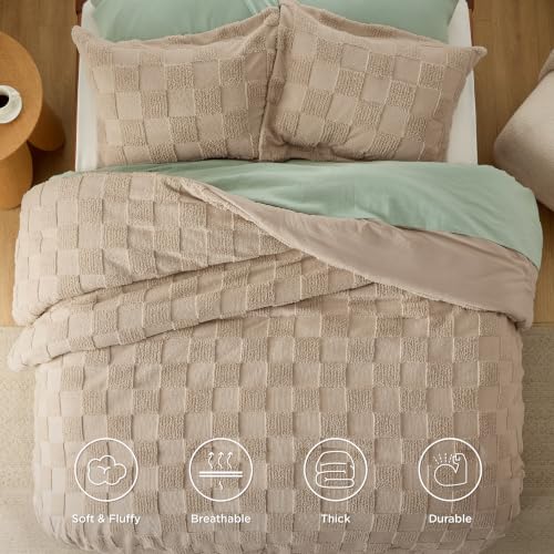 Image of Bedsure Full Size Comforter Set Khaki, Boho Tufted Bed Set, Checkered Farmhouse-Style Distressed Vintage Bedding, 3 Pieces, 1 Plaid Geometric Comforter and 2 Pillow Shams