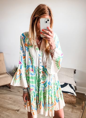 Image of miduo Womens Summer Dress Casual V Neck Buttoned 3 /4 Sleeve Bohemian Tribal Print Flowy Mini Dresses