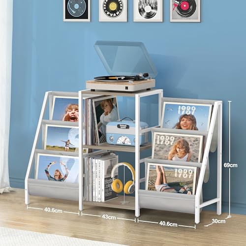 Support tourne-disque et meuble platine vinyle blanc avec porte-CD - 4