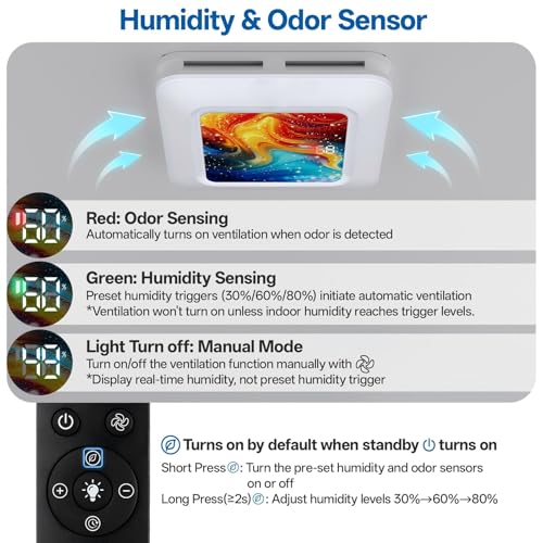 Image of Bathroom Exhaust Fan with Humidity Sensor, 230 CFM 1.0 Sone Ventilation Fan, 3 Dynamic Light and 3CCT Light (2700-4500-6500K), 11.22 inch x 11.22 inch Mount, Remote Control (Aurora Iridescence)