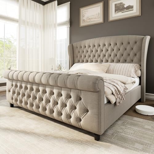 AMERLIFE King Size Platform Bed Frame, Linen Upholstered Sleigh Bed with Scroll Wingback Headboard & Footboard/Button Tufted/No Box Spring Required/Khaki