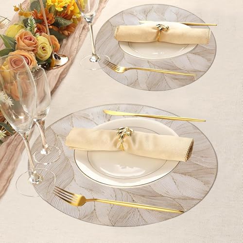 Image of HomeCloud PVC Material Round Shape Table Mat, Dining Table Mat,Table Placemats, Round Mats,Best for Bed-Side Table /Center Table, Dining Table /Shelves (Circle Leaf Flower Gold, Set of 1)