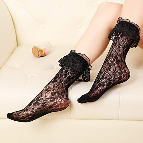 Lovful Women's Lace Anklet Sock With Ruffle, 2 Pairs Set,Black #TOP2