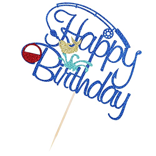 Kaoenla Fishing Birthday Cake Toppers - Glitter Happy Birthday Logo Hunting Camper Hunter, Retirement, Forest Animals Campfire Theme, Kids Boys Girls Birthday Party Supplies (Fishing) (Blue) #TOP4