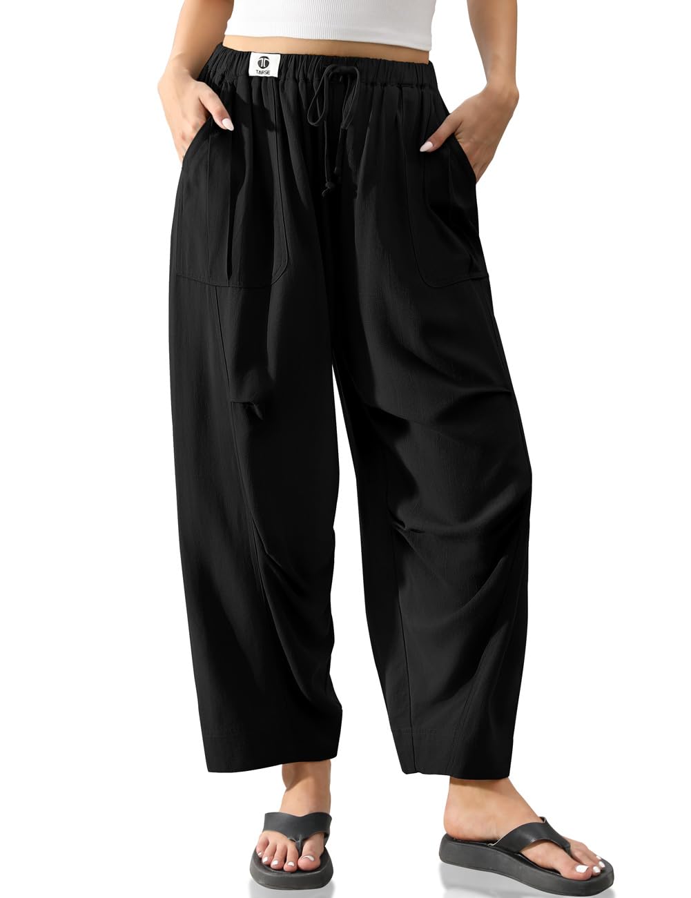 TARSE Womens Linen Casual Pants Loose Fit Drawstring Waist Straight Leg Trousers Beach Travel Vacation Clothes with Pockets