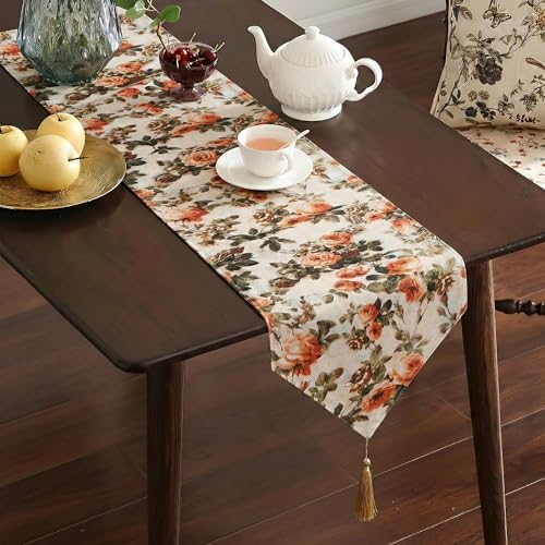 Image of Kuber Industries 16x68 inch Jute Table Runner for Party, Wedding and Family Dinners | Reusable Centre and Dining Table Runner | Flower Print - Orange