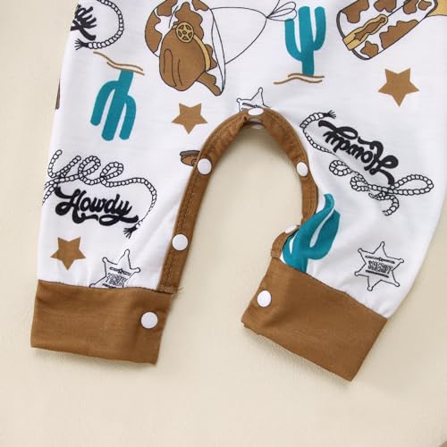BOUTIKOME Infant Baby Boy Outfit Retro Cowboy Partner Howdy Graphic Rompers Newborn Onesie Jumpsuit Hat 2Pcs Set4