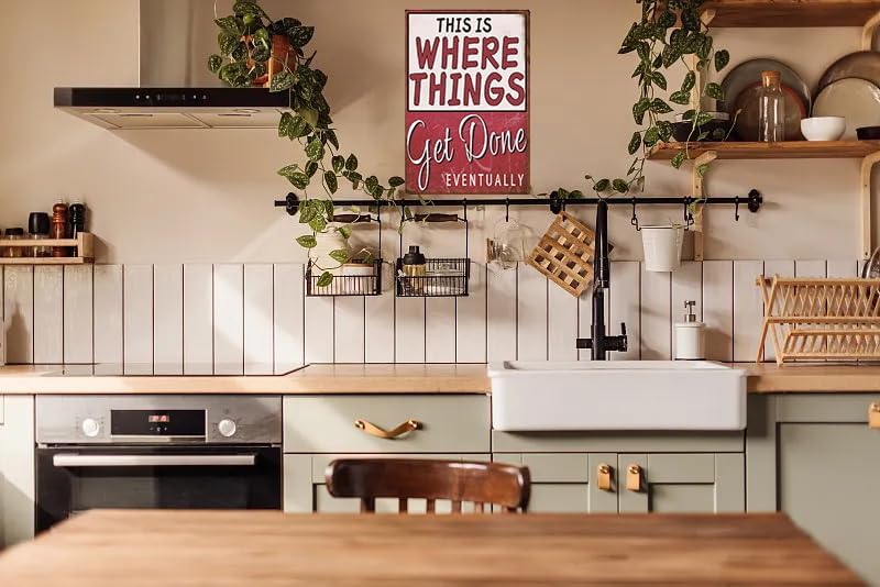 Miniatura 4 de Letrero de garaje con texto en inglés This Is Where Things Get Done Eventualy de metal, divertidos accesorios de garaje para oficina, sala de